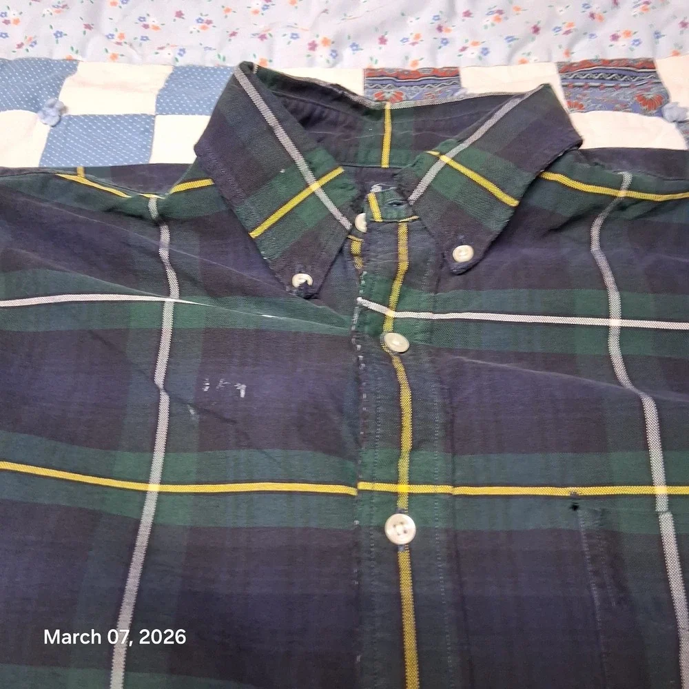 VTG‎ Polo by Ralph Lauren Big Shirt Blue and Green Plaid Size Medium Distressed